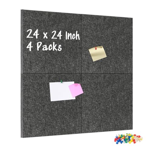 DOLLAR BOSS Felt Cork Board Tiles, 4 Packs 12" x 12" 1/2" Thick Cork Bulletin Board Self Adhesive Acoustic Panels Soundproof Corkboards for Walls with 40 Pushpins for Home Office Kitchen School, Grey | 1/2" Thick, Self Adhesive, Acoustic Soundproof Panels