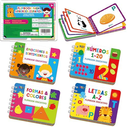 4 Spanish Learning Flipbooks, Double-Sided Printed Mini Book Set, Alphabet A-Z, Number 1-20, Feelings and Emotions, Shapes and Colors Mini Board Books Set, Early Educational Tool for Kids - style: Spanish Learning