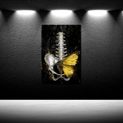 iKNOW FOTO Anatomical Spine Wall Art with Gold Butterfly 16x24 Inch Medical Skeleton Canvas Print for Doctor Office Nurse Station Physical Therapy Clinic Decor Ready to Hang