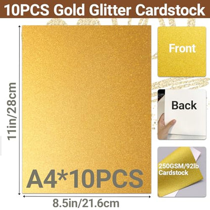 10 Sheets Gold Glitter Cardstock 250GSM/92lb No Shedding Sparkle Paper for DIY Crafts, Invitations & Cricut Cutting | Printer-Friendly A4 Size (7.87x11.8) for Scrapbooking & Gift Boxes
