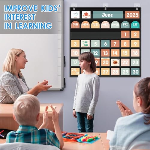 Large Calendar Pocket Chart, Calendar Learning Classroom Calendar Pocket Chart with 115 Cards for Classroom Calendar and Weather Pocket Chart for Home Kindergarten Learning(Black) - color: black