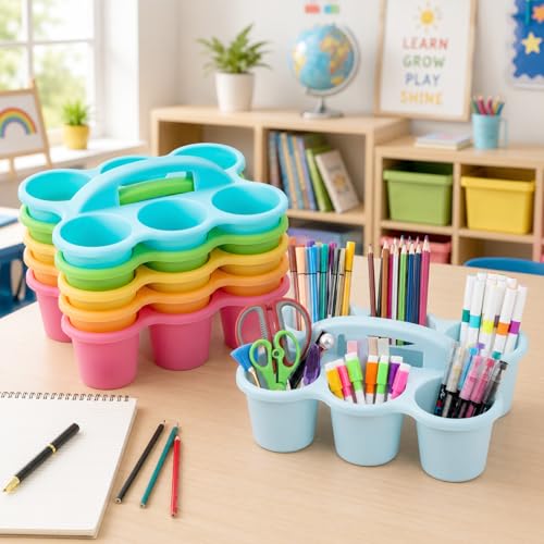 Plastic Caddy with Handle Set of 6 Classroom Caddy Organizer Cup Caddies Water Bottle Storage Crayon Caddies Plastic Cup Holder Drink Carrier for School Home Office Supplies (Pastel) - color: Pastel