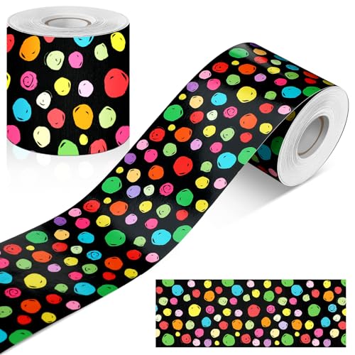 Zonon 65 Feet Bulletin Board Borders Black and White Polka Dots Striped Grid Borders Decorative Straight Scalloped Wavy Rolled Trim Classroom Back to School Decor(Colorful Chalkboard Dots) - style: Colorful Chalkboard Dots