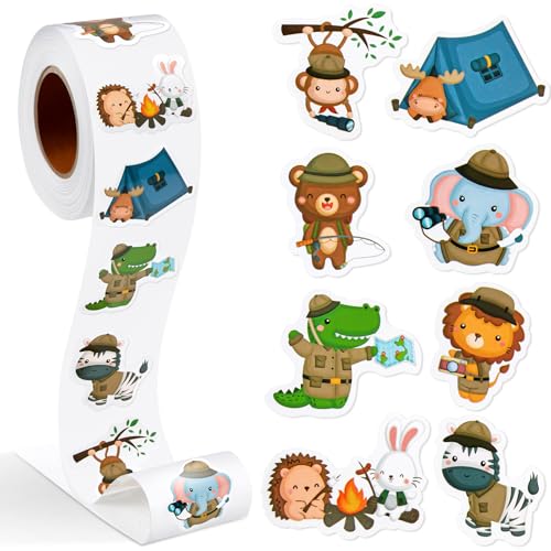 Qeeenar 1 Roll Stickers Decal Reward Cute Office Supplies Incentives Animals Sticker Halloween Party Favor, 500 Pcs Each Roll(Camping Animal) - style: Camping Animal