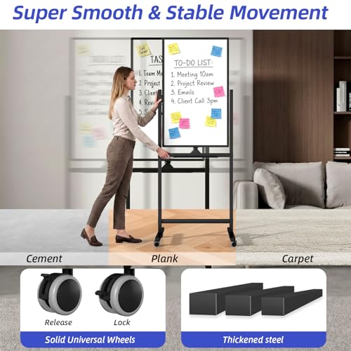 VOWNER Magnetic Mobile Whiteboard, 40" x 24" Double-Sided Dry Erase Board with Stand, Includes a Pen, Eraser, and Magnetic Buttons, Aluminum Frame Rolling Whiteboard for Home, Office, or Classroom