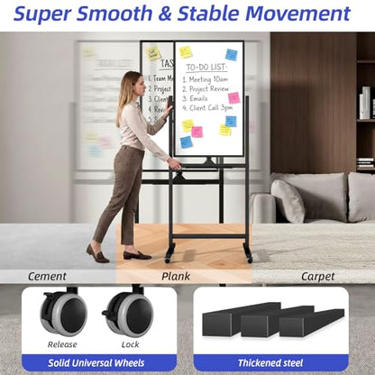 VOWNER Magnetic Mobile Whiteboard, 40" x 24" Double-Sided Dry Erase Board with Stand, Includes a Pen, Eraser, and Magnetic Buttons, Aluminum Frame Rolling Whiteboard for Home, Office, or Classroom