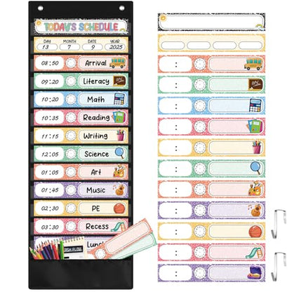 Pasimy Daily Schedule Pocket Chart with 31 Reusable Cards and 14 Pockets Composition Schedule Charts Classroom Decorations for School Office Home Educational Activity - style: Composition