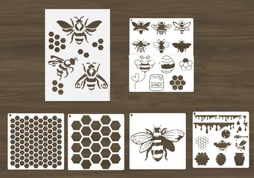 6PCS Reusable Bee Stencils Bee Honeycomb Stencil for Painting on Wood Signs Furniture DIY Crafts Wall Canvas Fabric Plastic Drawing Template for Painting on Wood Tile Paper Fabric Floor Wall