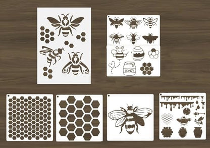 6PCS Reusable Bee Stencils Bee Honeycomb Stencil for Painting on Wood Signs Furniture DIY Crafts Wall Canvas Fabric Plastic Drawing Template for Painting on Wood Tile Paper Fabric Floor Wall