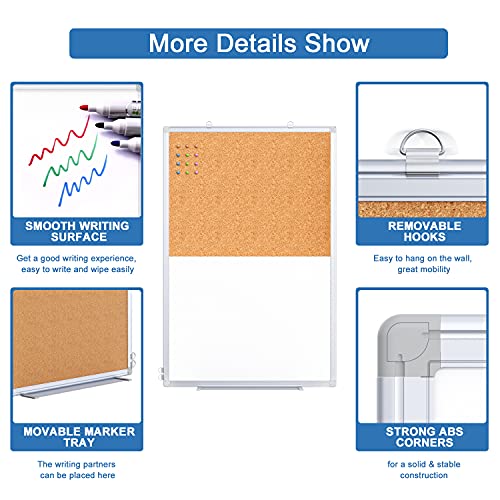Magnetic White Board and Cork Board Combo, 36 X 24 inches Whiteboard Bulletin Combination Board, Wall Mounted Dry Erase Message Board for Home, School and Office - size: 36 x 24 inch