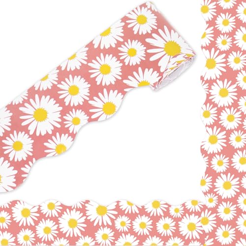 Whaline 32.8ft Daisy Bulletin Board Border Pink White Daisy Flower Floral Die-Cut Border Trim for Chalkboard Wall Decoration - style: White Daisy Flower