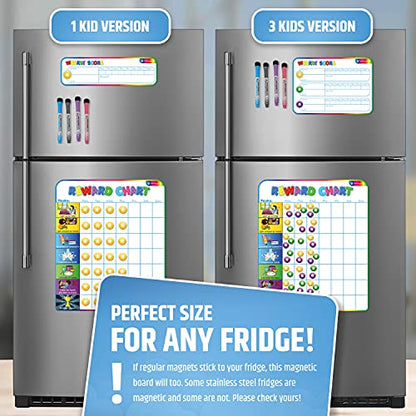 Large Magnetic Reward Chart for Multiple Kids (1-3 Kids) - 127 Pre-Written Stickers (Including Potty Training) + 30 Custom Chores - Behavior, Responsibility & Incentive Star Chart for Your Fridge - style: Up to 3 Kids