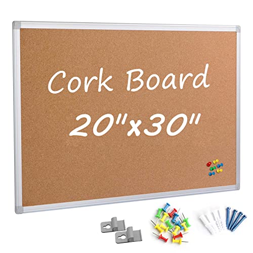 Cork Board Bulletin Board 20 x 30 Inches, Silver Aluminium Framed Corkboard, Office Board for Wall Cork, Large Wall Mounted Notice Pin Board - size: 20" x 30"
