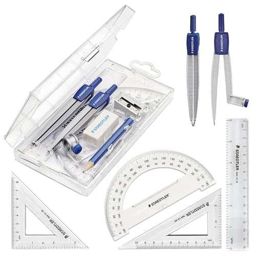 STAEDTLER School Kit Math Geometry Set - 10-Piece Compass, Protractor & Ruler Kit with Flip Open Storage Box - Clear Measuring Tools - Student Drawing Supplies - style: 10 Piece Set (Plastic Case)