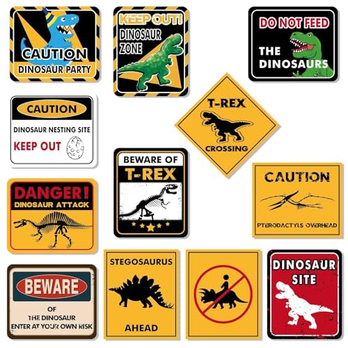 WERNNSAI 12 PCS Dinosaur Birthday Decorations - Dinosaur Party Supplies for Boys Kids Dino Birthday Funny Sign Decor for Jurassic Theme Baby Shower Holiday Party Favors Caution T-Rex Sign Wall Decor - style: Dinosaur 001
