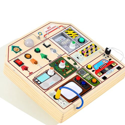 JAUNTY Montessori Wooden Busy Board for Toddlers 3 4 5 Years Old, Wooden Sensory Toddler Toys with LED Light Switches, TV Radio Telegram and Car Driving, Travel Toys Birthday for Boys Girls - size: Special Agent