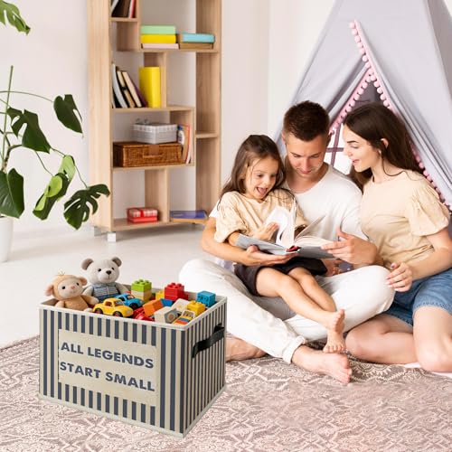 Inspirational Boy Nursery Foldable Storage Bins Box with Handles, All Legends Start Small Blue Striped Collapsible Organizer Basket for Kids Boys Bedroom Playroom Bathroom Clothes Toys Books - color: Colour 16