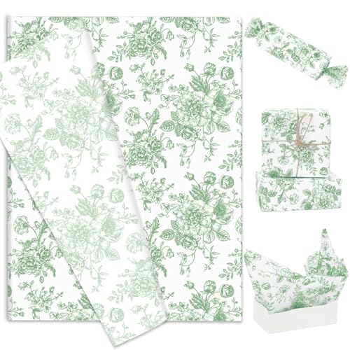 60 Sheets Sage Green Floral Tissue Paper Chinoiserie Gift Wrapping Paper Vintage Flower Art Papers for DIY Crafts Birthday Baby Shower Wedding Party Decor, 14 x 20 Inch - color: Sage Green, size: 14 x 20 inch