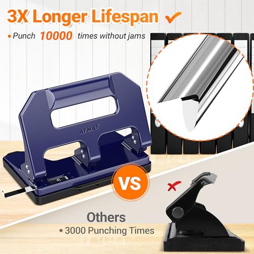 AFMAT Heavy Duty 3 Hole Punch, 3 Hole Puncher for Binder, 40-Sheet Three Hole Punch w/ 10000+ Uses, Metal Hole Puncher 3 Ring, 50% Reduced Effort, 9/32inch Hole, Bulit-in S.S. Paper Guide HPX1 (Blue) - color: Blue