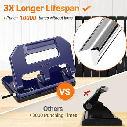 AFMAT Heavy Duty 3 Hole Punch, 3 Hole Puncher for Binder, 40-Sheet Three Hole Punch w/ 10000+ Uses, Metal Hole Puncher 3 Ring, 50% Reduced Effort, 9/32inch Hole, Bulit-in S.S. Paper Guide HPX1 (Blue) - color: Blue