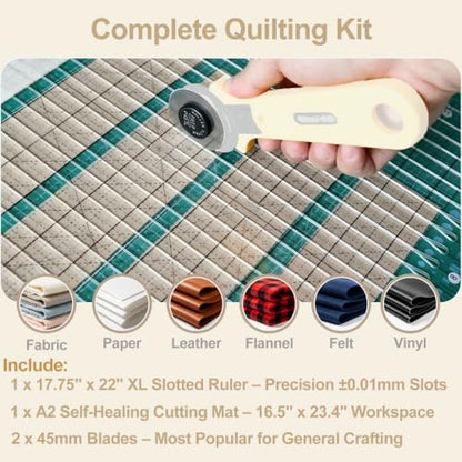 Slotted Quilting Ruler 17.75" x 22" – XL Slotted Ruler for Precision Fabric Cutting, with A2 Self-Healing Mat & 2 Blades, Quilting Supplies Kit for Crafting - size: Extra Large