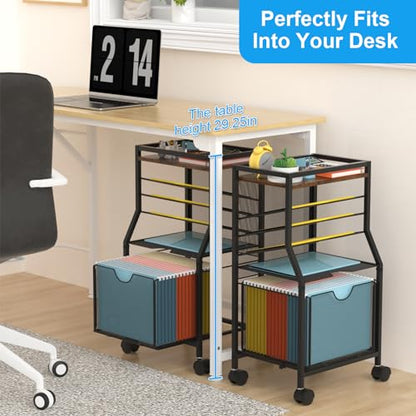BOHDK Rolling File Cart, 6-Tier Desk File Organizer on Lockable Wheels, Brown Wood Planks & Mesh Sliding Hanging Folder Drawer, Organization Cart for Office Home School - color: Brown