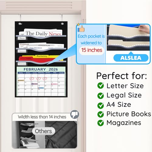 ALSLEA 4 Pockets Hanging Wall File Organizer 15" Extra Wide Pocket Chart for Classroom, Office, Home, Mail Organizer Wall Mounted with 1 Writable Clear Pocket, 5 Wall/ Door Hooks & 12 Labels (Black) - size: Small (4 Pockets)