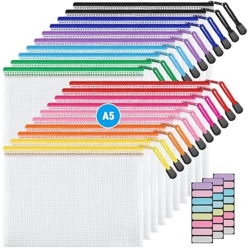 JARLINK 20 Pack 10 Colors Zipper Mesh Document Pouch, 6x9 Inch/A5, Plastic Water-Resistant File Bags, for School Office Supplies, Cosmetics Travel Storage, Assorted Color - size: A5-20pcs