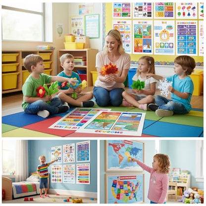 UNCLE WU 16 Pack Educational Posters for Ages 2-6, Preschool Classroom | Laminated learning charts cover ABC, numbers 1-100, shapes, colors, maps, homeschool, daycare, and kindergarten