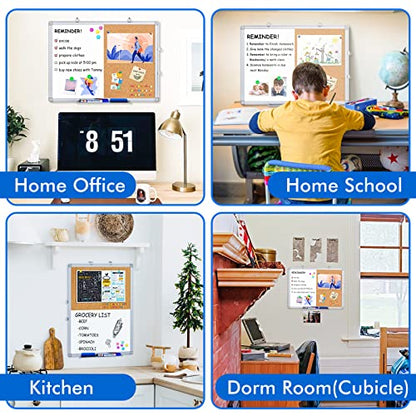 Magnetic White Board and Cork Board Combo, 24 X 18 inches Whiteboard Bulletin Combination Board, Wall Mounted Dry Erase Message Board for Home, School and Office - size: 24 x 18 inch