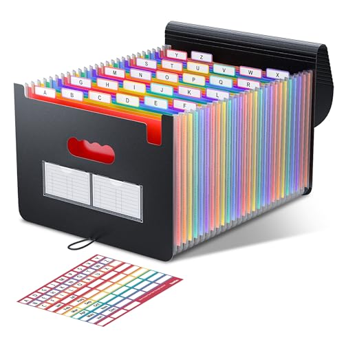 ThinkTex Accordion File Organizer, 26 Pockets Expanding File Folders, Monthly Bill Receipt Documents Organizer, Colorful Tabs, Letter/A4 Size for School, Home and Office, Classroom Must Haves - style: Black 26 Pockets 6Tab