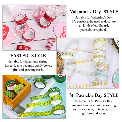 Whaline 24 Rolls Holiday Washi Tape Set Shamrock Easter Egg Heart Masking Tape 0.6 in Green Clover Happy Easter Valentines St. Patrick's Day Decorative Paper Stickers for Scrapbook DIY Craft, 16.4 Ft - style: Valentines St Patricks Easter