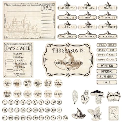 Preboun 169 Pcs Magical Wizard Classroom Calendar Bulletin Board Border Set Magical Vintage Seasons Weather Chart Classroom Display with Stickers Decoration for School Wall Library Bedroom
