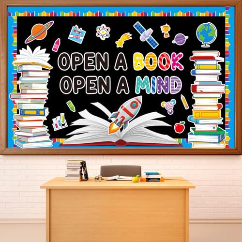 Reading Bulletin Board Set Open A Book Open A Mind Classroom Bulletin Board Decorations Books Paper Cutouts for Back to School Reading Day Classroom Library Office Home Wall Door Supplies - style: Reading