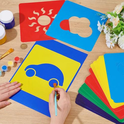 CUTHOLLOW 24 PCS Painting Stencils Sets, 8 Inch Reusable & Washable Plastic Drawing Template Sidewalk Chalk Art Stencils Kit with Animals Fruit Plant Themed Primary Shape for Craft Room Wall Paper - style: 24pcs-Animal&Fruit&Plant