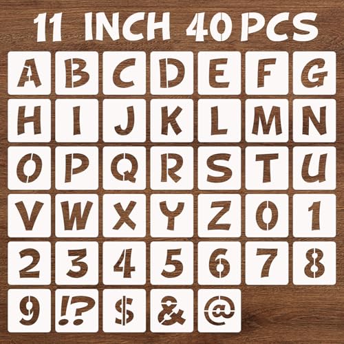 BAMIDELE 11 Inch Letter and Number Stencils, 40 Pcs Reusable Plastic Alphabet Spray Paint Stencils for Painting on Wood, Wall, Fabric, Rock, Chalkboard, Door Porch, Signage, DIY Craft Decoration - size: 11 Inch