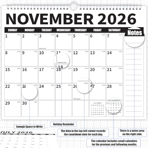 Wall Calendar 2026-2027 (July 2026 - December 2027) - 18 Month Large Hanging Calendar 14.57 x 11.42 Inches, Monthly Planner with Ruled Blocks, Thick Paper, Holidays, To-Do List & Notes for Home, Office, Classroom - color: Black