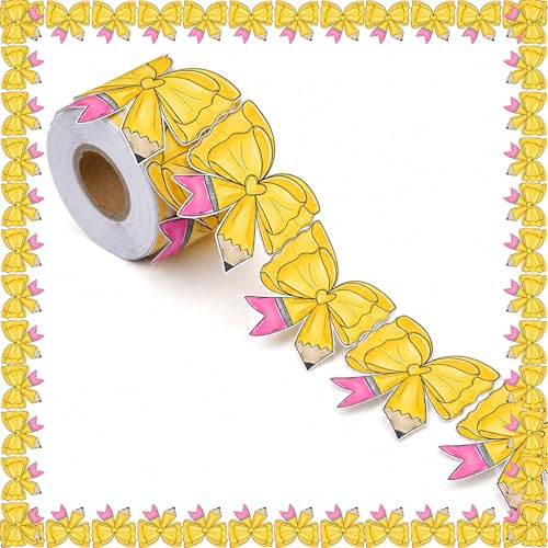 82Ft Back to School Bulletin Board Border, 1 Roll Pencil & Bow Pattern Trim Border Non-Stick Border Roll for School Opening Chalkboard Bulletin Board Classroom Wall Window Door Decor