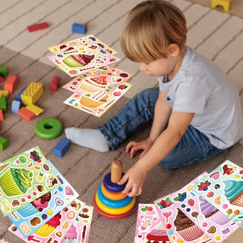 24 Sheets Make Your Own Cupcake Stickers for Kids - Make-a-Face Sticker, Dessert Stickers Mix and Match Sweets Fruit & Teacher Reward Supplies, Birthday Gifts - style: Cupcake