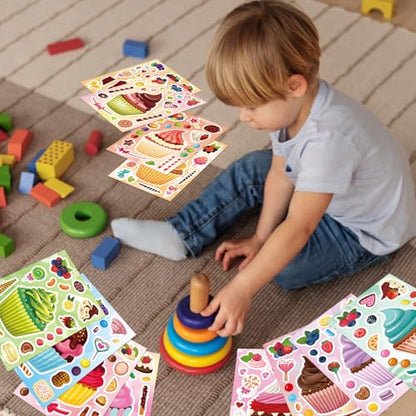 24 Sheets Make Your Own Cupcake Stickers for Kids - Make-a-Face Sticker, Dessert Stickers Mix and Match Sweets Fruit & Teacher Reward Supplies, Birthday Gifts - style: Cupcake