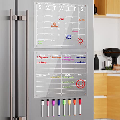 Neatsure Acrylic Magnetic Dry Erase Board Calendar for Fridge, Clear Monthly and Weekly Planner Whiteboard for Refrigerator, w/ 8 Colors Markers, 15"x11" - size: 15"x11", style: Monthly and Weekly Planner