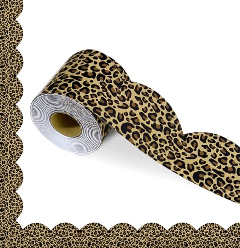 65Ft Leopard Bulletin Board Border Cheetah Print Scalloped Trim 1 Roll of Scalloped Leopard Print Classroom Borders for Bulletin Board Chalkboard Jungle Safari Party Classroom Decor - color: Leopard Bulletin Board Border