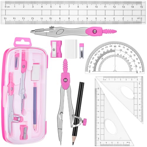 Zonon Math Geometry Set 10 Pcs Student Supplies with Shatterproof Storage Box, Includes Rulers Protractor Compass Pencil Sharpener Lead Refills Eraser Pencil for Drafting and Drawings(Pink) - color: Pink