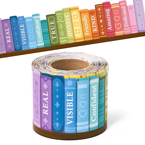 BeYumi Inspirational Bookshelf Border Trim - 65ft Back to School Colorful Books Motivational Words Rolled Border Trim Bookshelf Bulletin Board Library Classroom Office Chalkboard Wall Party Decoration - style: Inspirational Bookshelf
