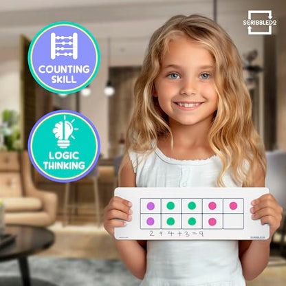 SCRIBBLEDO Dry Erase Ten Frame Board - 4" x 12" Double Sided Dry Erase Boards for Kids to Visualize and Practice Base 10 Number Concepts - Math Practice Board for Home School and Classroom