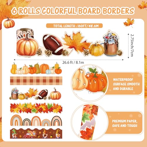 Tenceur 160ft Fall Borders for Bulletin Board 6 Rolls Pumpkin Maple Leaf Scalloped Bulletin Board Border Trim for School Office Whiteboard Blackboard Poster Decor - style: Thanksgiving Style