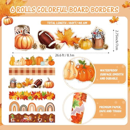 Tenceur 160ft Fall Borders for Bulletin Board 6 Rolls Pumpkin Maple Leaf Scalloped Bulletin Board Border Trim for School Office Whiteboard Blackboard Poster Decor - style: Thanksgiving Style