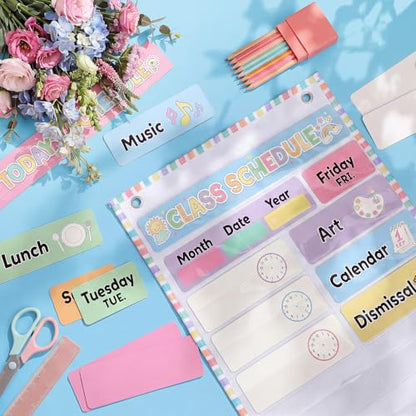 Funrous Daily Schedule Pocket Chart with 82 Cards, Linen Wall Hanging Organizer for Welcome Back to School Classroom Decorations Homeschool Visual Planner Routine Calendar(Pastel) - style: Pastel