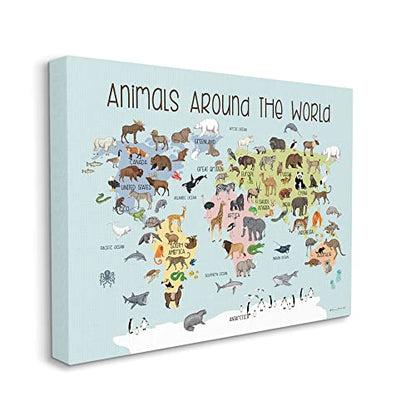 'Animals Around The World Map'| Canvas Art | Stupell Industries | 48 x 36 Inches, Easy to Hang and Sturdy, Made in USA, by Stephanie Workman Marrott - size: 48"L x 36"W