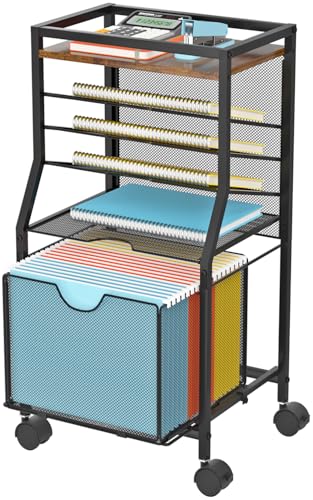 BOHDK Rolling File Cart, 6-Tier Desk File Organizer on Lockable Wheels, Brown Wood Planks & Mesh Sliding Hanging Folder Drawer, Organization Cart for Office Home School - color: Brown